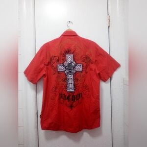 Y2K Paco Sacred Cross Grunge Red Button Up Shirt Sz Large